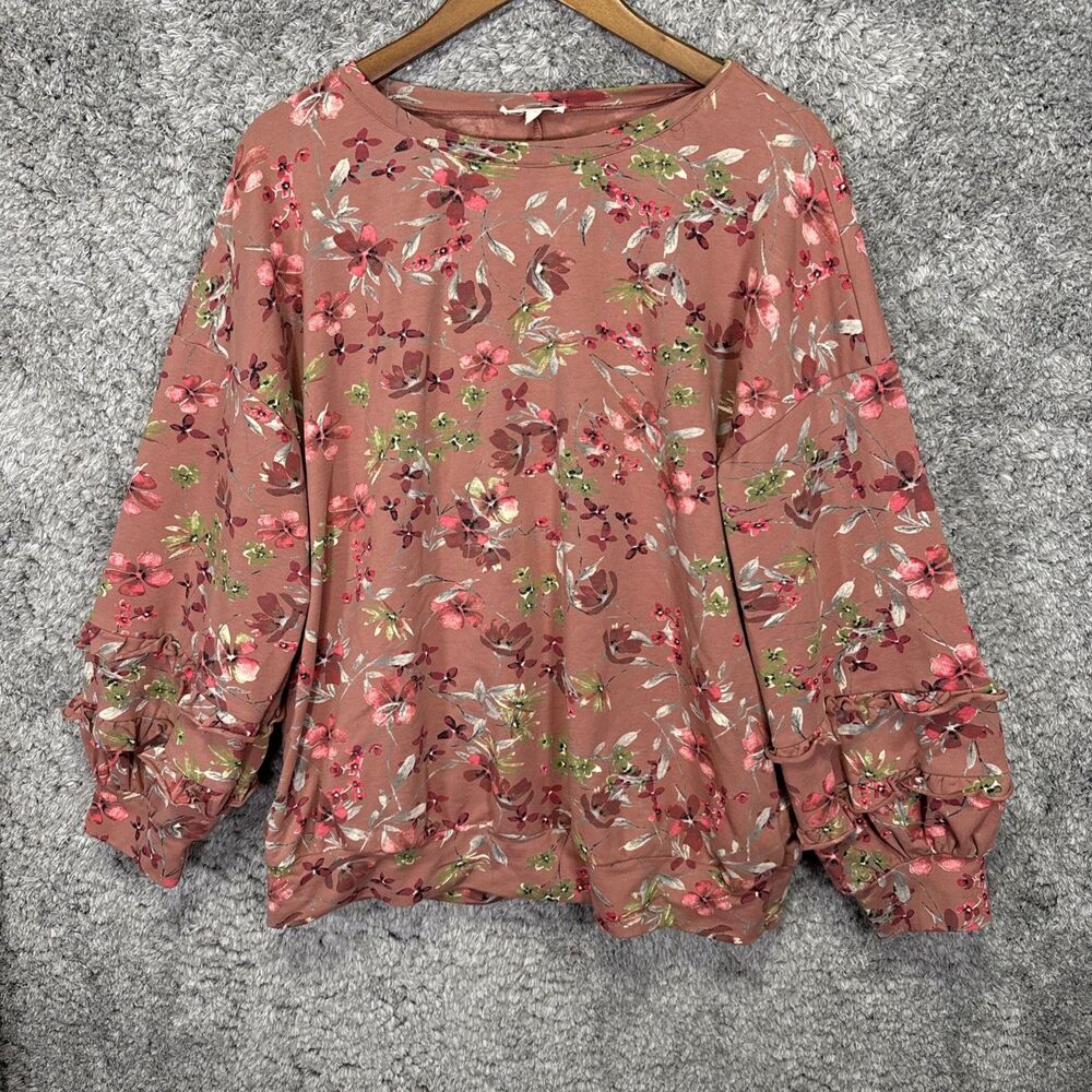 Easel Women’s Floral Oversized Sweatshirt  Top Balloon Sleeve Ruffle Medium Boho